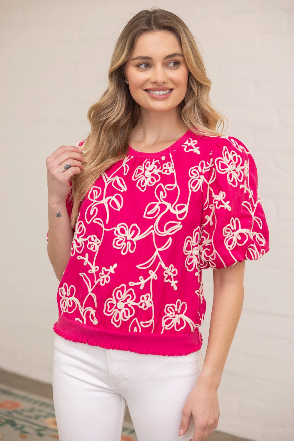 Pink Floral Bubble Sleeve Top