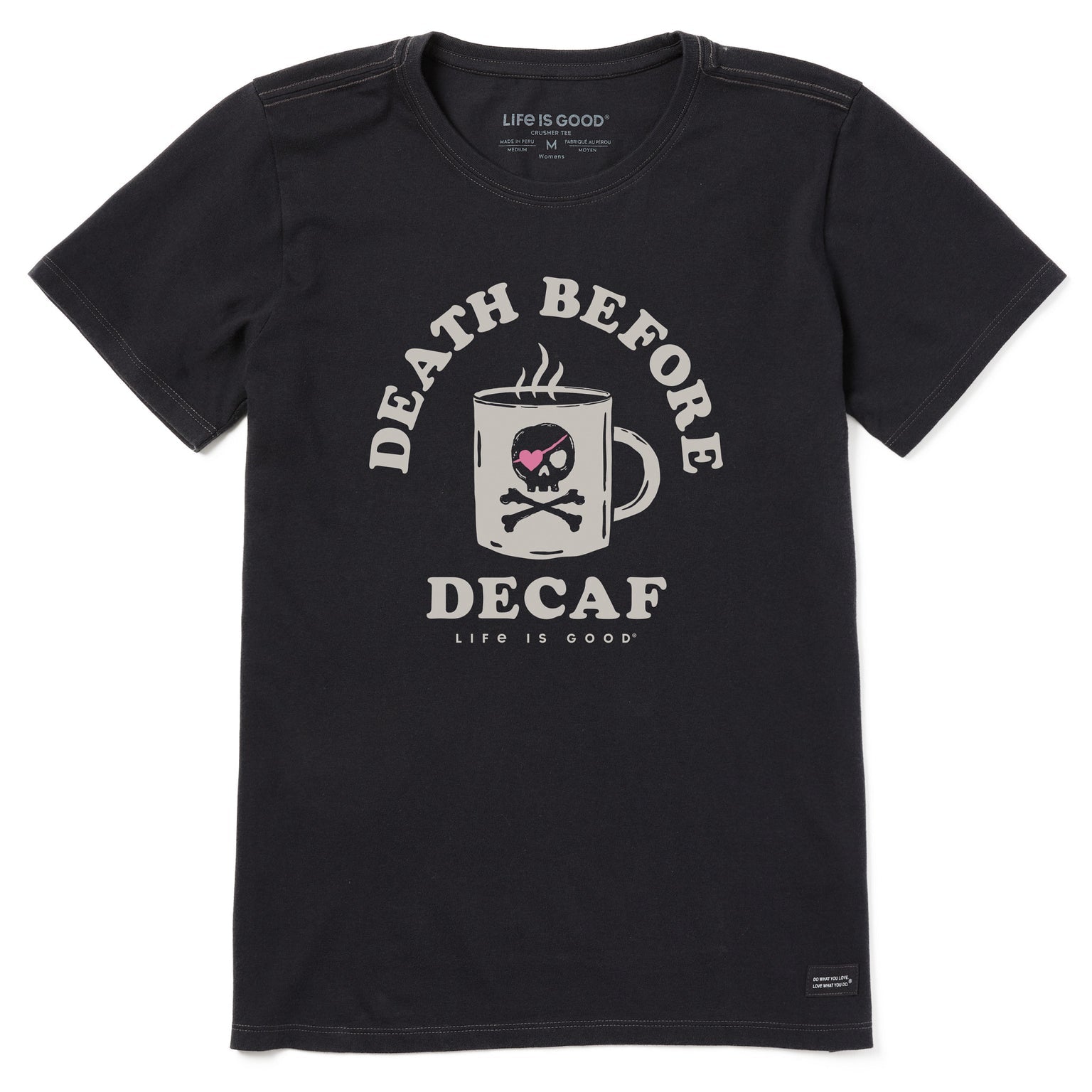 Death Before Decaf Jolly Roger Short Sleeve Crusher Tee